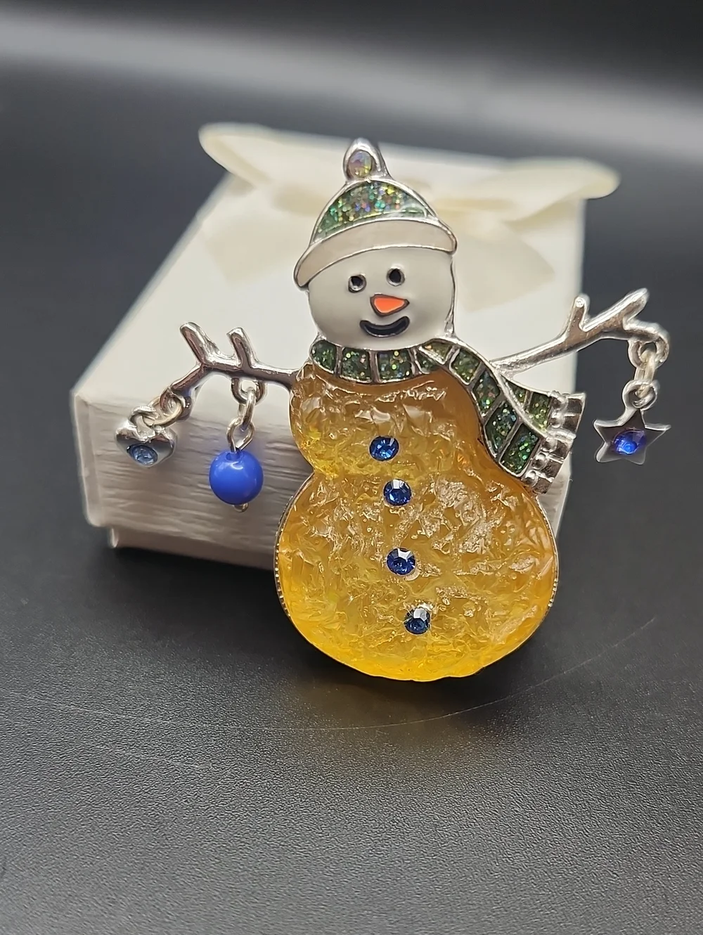 Yellow Snowman Brooch with Blue Accents and Green Trim
